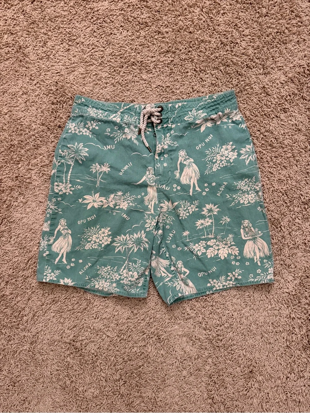 Vintage 90s Ralph Lauren Polo Green Swim Trunk Sz 30 Board Shorts Hawaiian Hula